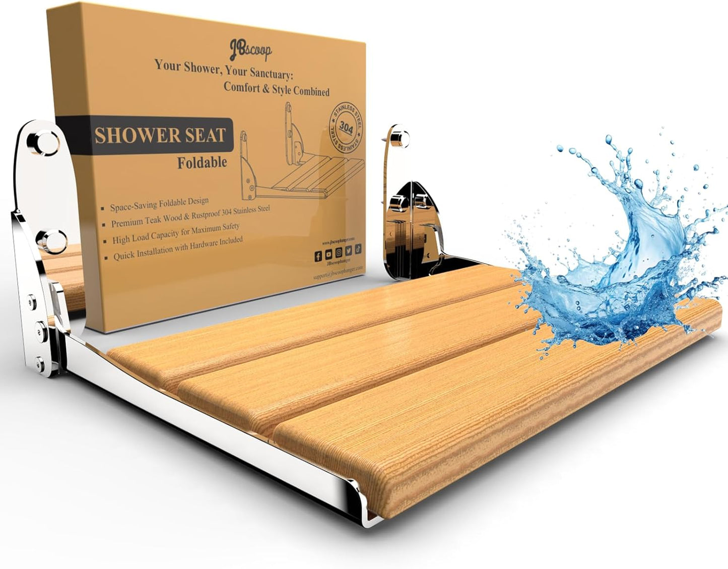 Folding Shower Seat, Teak Wood & 304 Stainless Steel