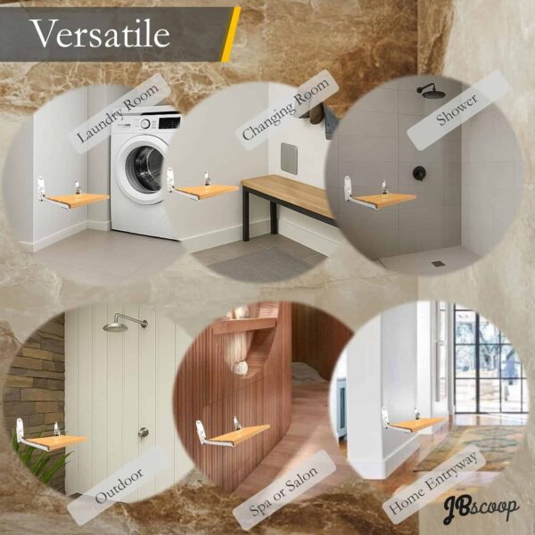 Folding teak wood shower seat with stainless steel base
