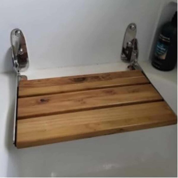 Teak and stainless steel folding shower seat wall mounted