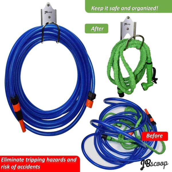 Hose holders mounted on a wall for outdoor use
