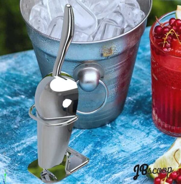 Heavy duty stainless steel kitchen ice scoop with stand close-up image