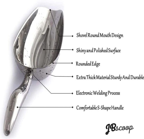 Efficient kitchen ice scoop in heavy duty stainless steel