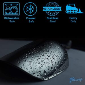 Stainless steel heavy duty kitchen ice scoop on a black background