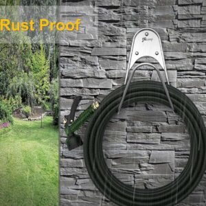 Garden hose rack mounted beside patio for clean hose storage