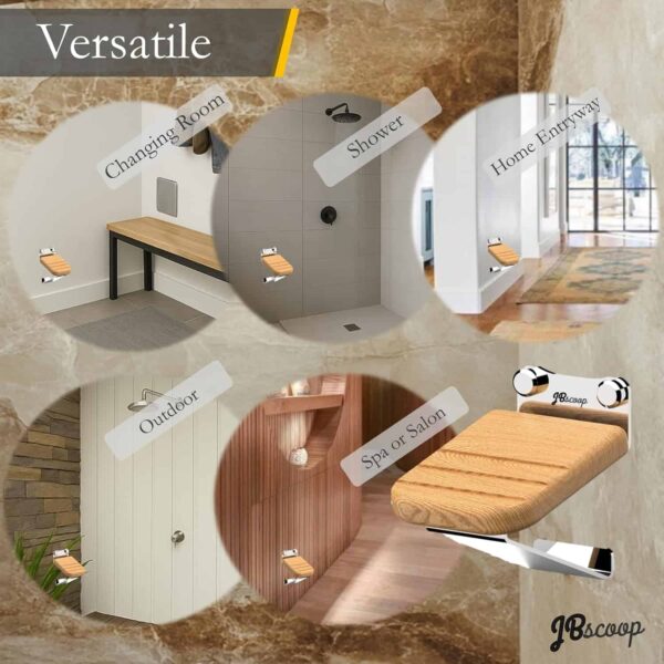 Versatile teak shower footrest mounted on shower wall