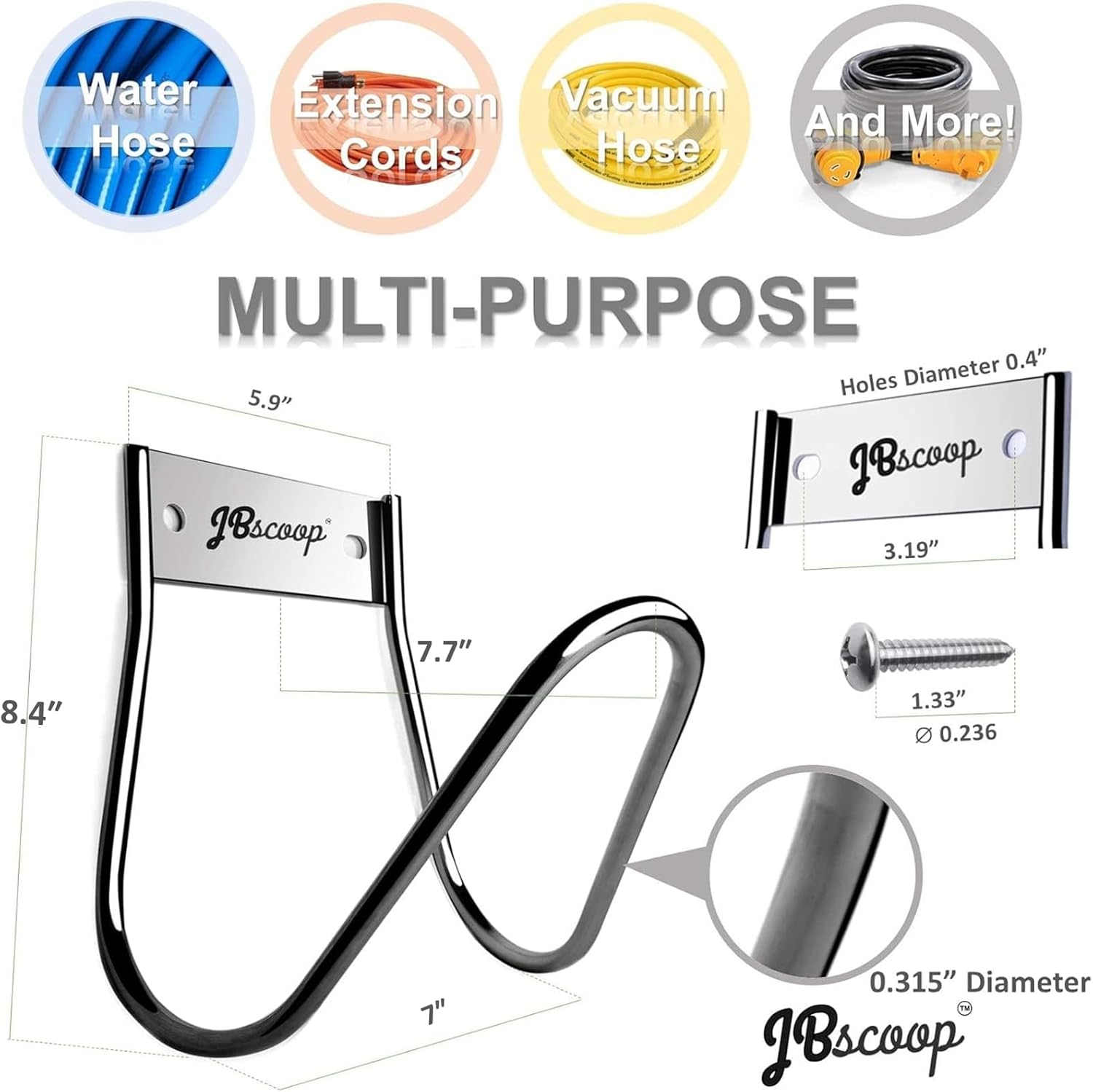 JBscoop Garden Hose Holder Stainless Steel Small Wall Mount Garden Hose Hook, Ideal for Water, Air, Hydraulic Hose, Ropes, Extension Cords Heavy Duty & Rust Proof Large Set of 1 - Image 3